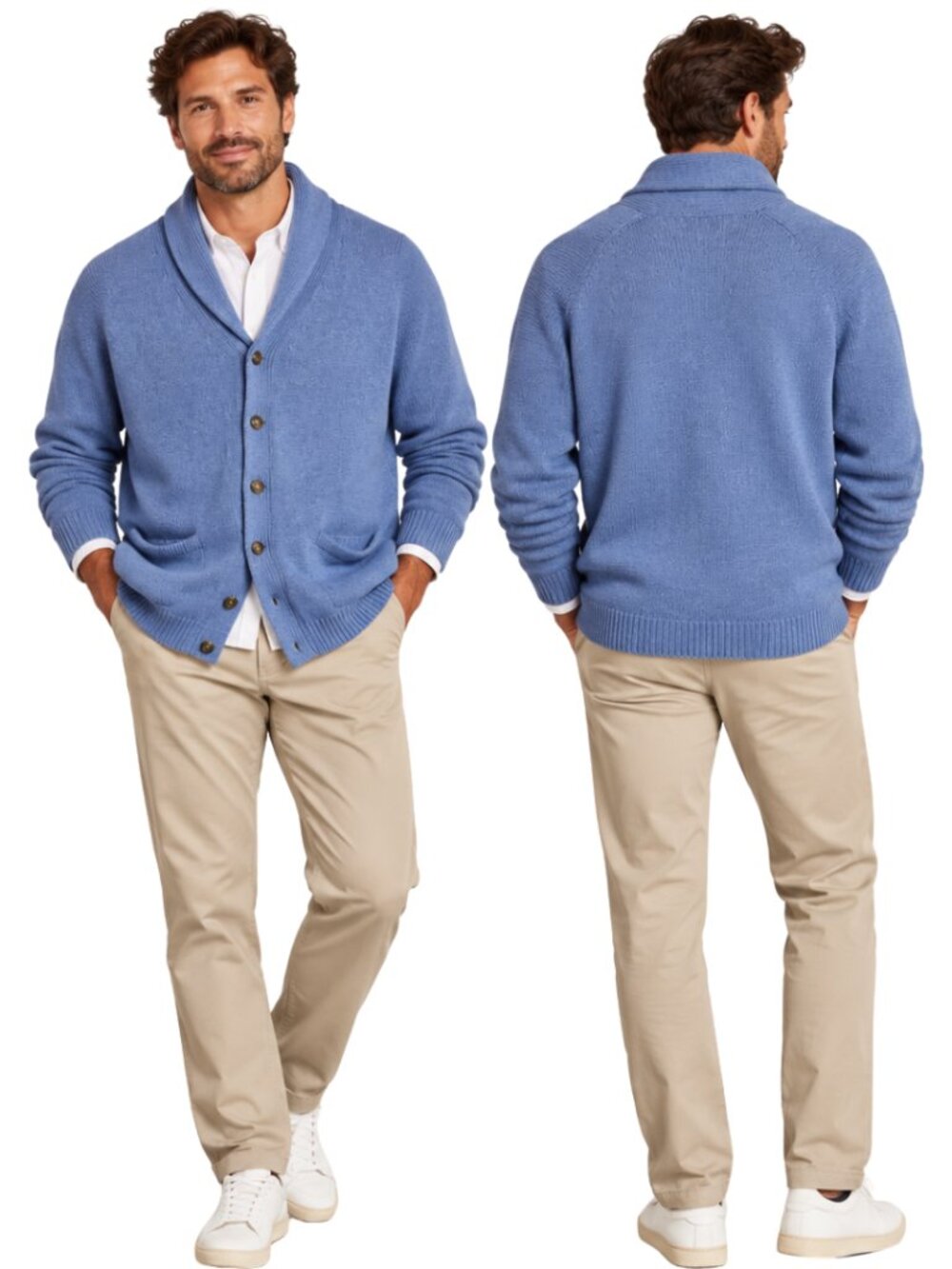 Vintage Lands' End 100% Cotton Shawl Collar Knit Cardigan Sweater Men's XL Blue